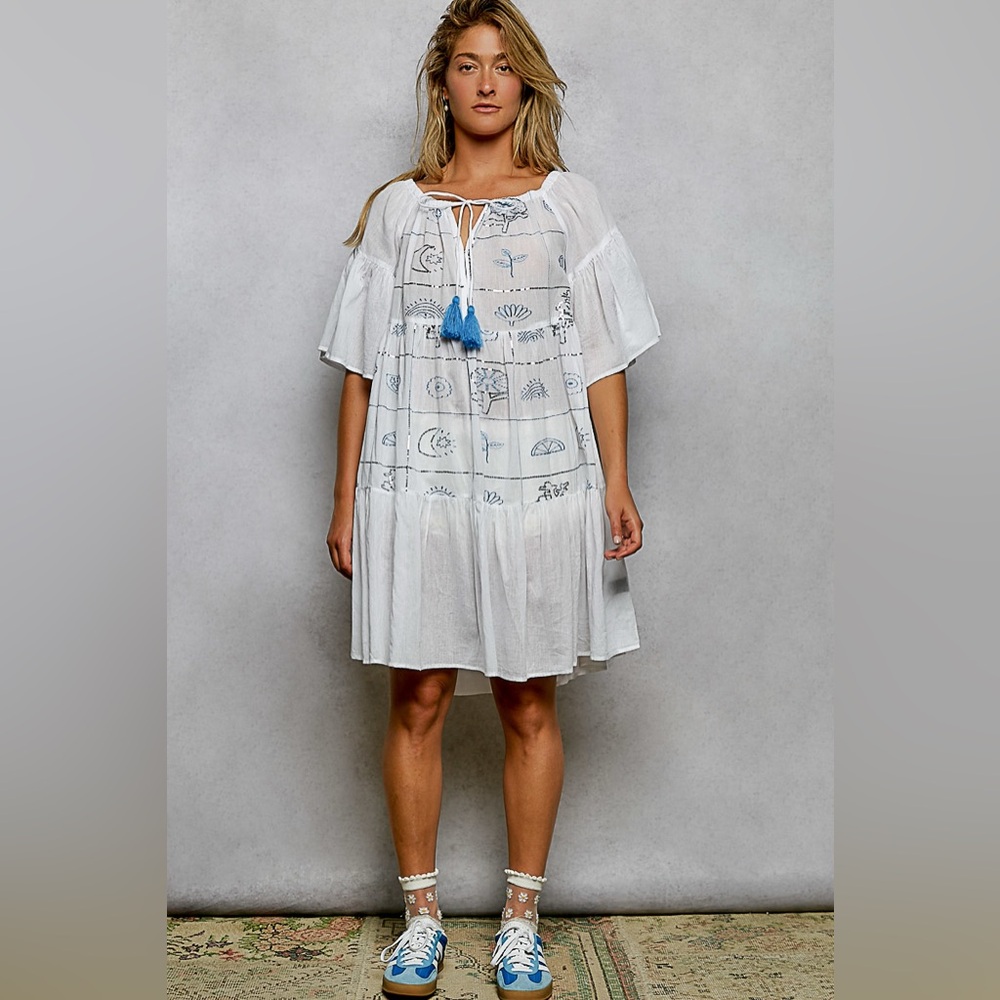 POL Tied Tassel Embroidery Half Flared Sleeve Mini Dress Ivory Boho Dress🛍️